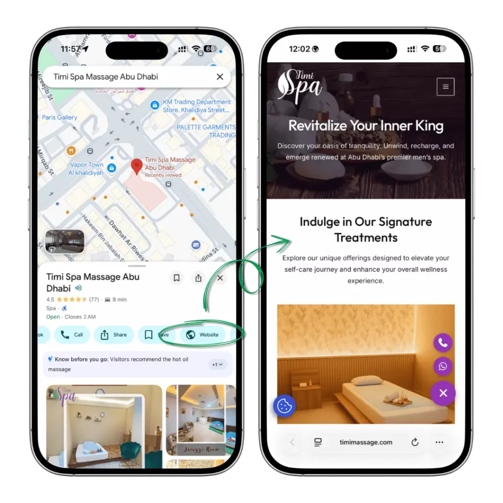 Google Maps mobile profile with active website button connecting to Junkie Creative fast mobile site